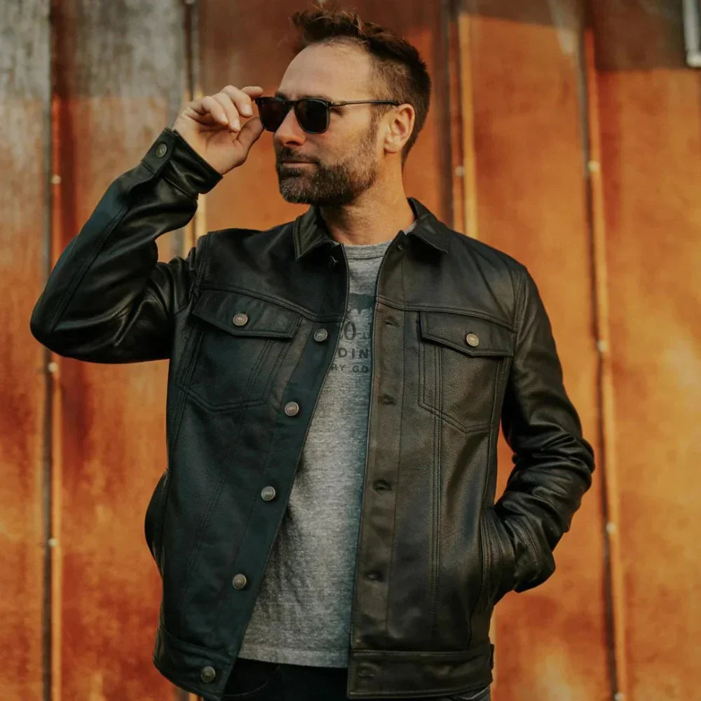 Tom Black Genuine Leather Trucker Jacket