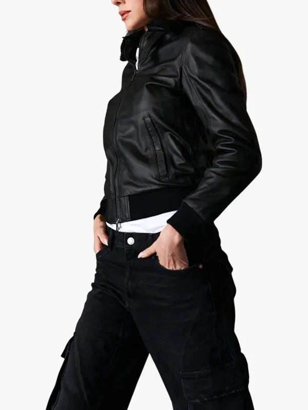 Antea Women’s Black Lambskin Genuine Leather Bomber Jacket
