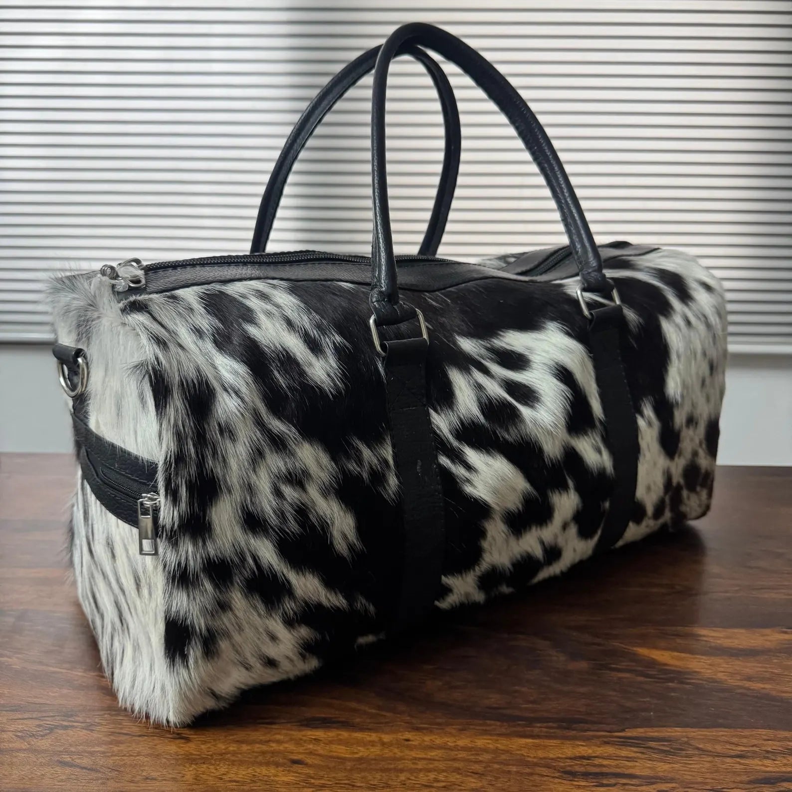 Black White Cowhide Leather Duffel Bag for Travel and Gym