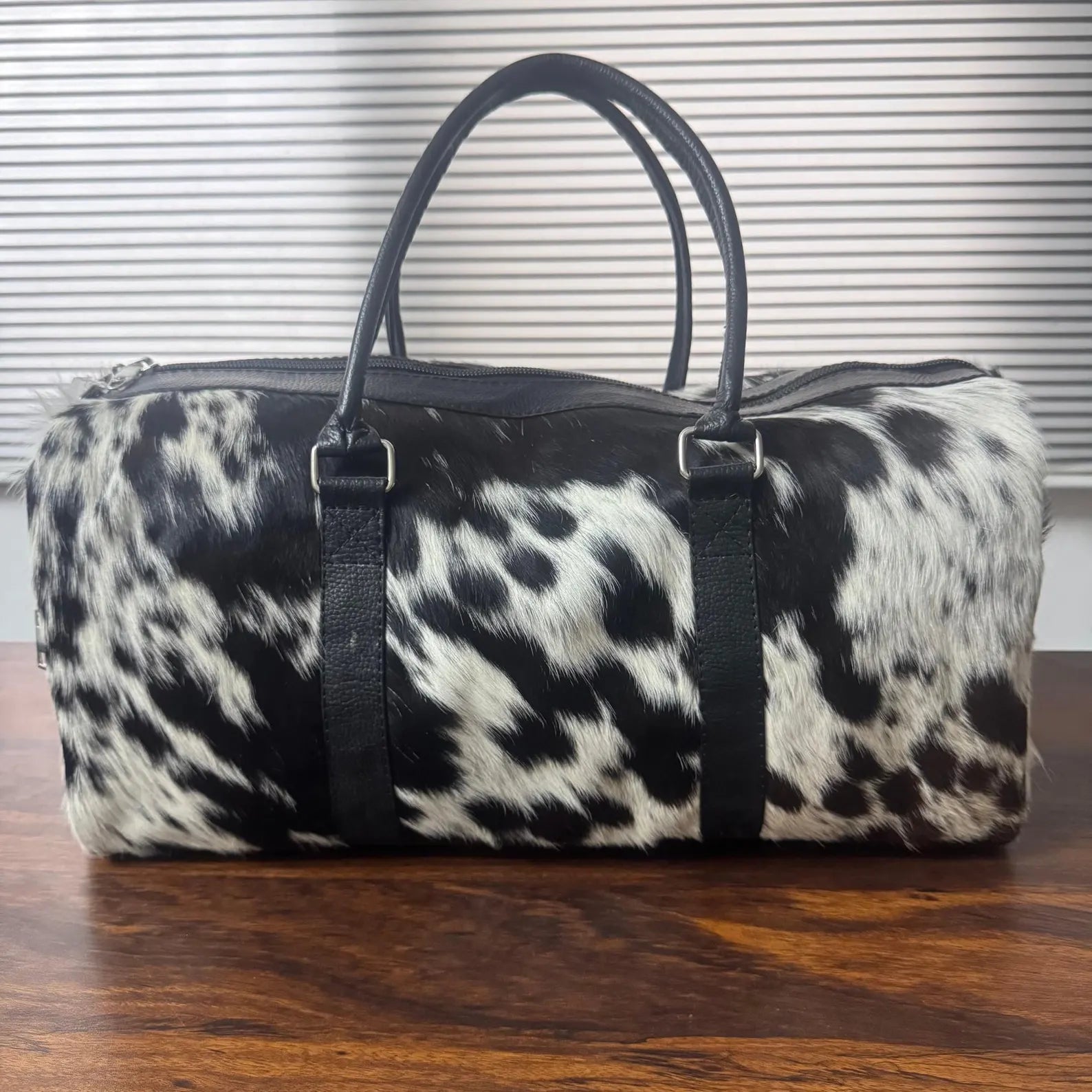 Black White Cowhide Leather Duffel Bag for Travel and Gym