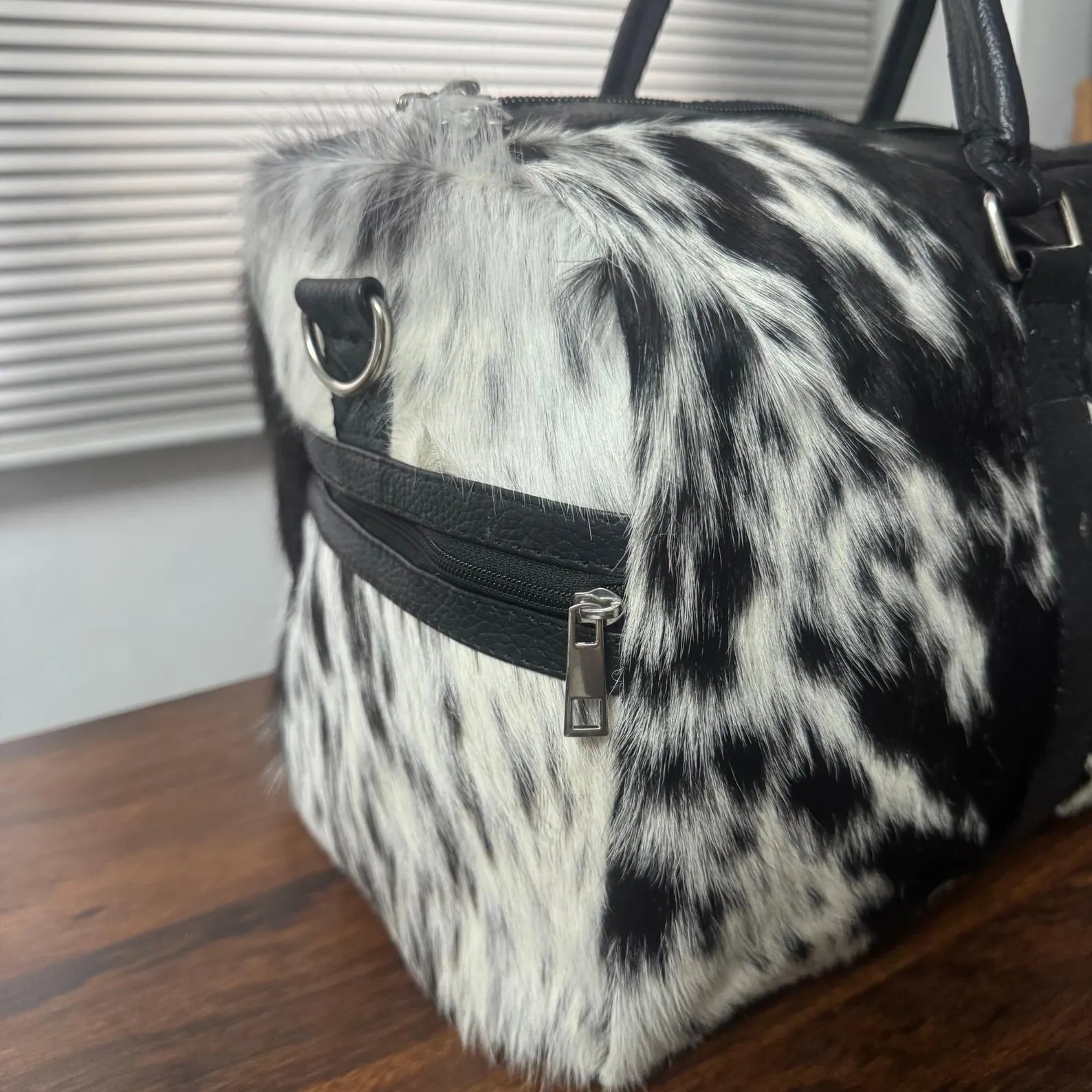 Black White Cowhide Leather Duffel Bag for Travel and Gym