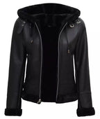 Womens Black Hooded Real Shearling Leather Jacket