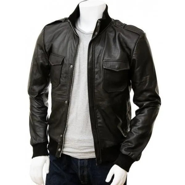 Men’s Black Leather Bomber Jacket