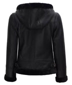 Womens Black Hooded Real Shearling Leather Jacket