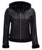 Womens Black Hooded Real Shearling Leather Jacket