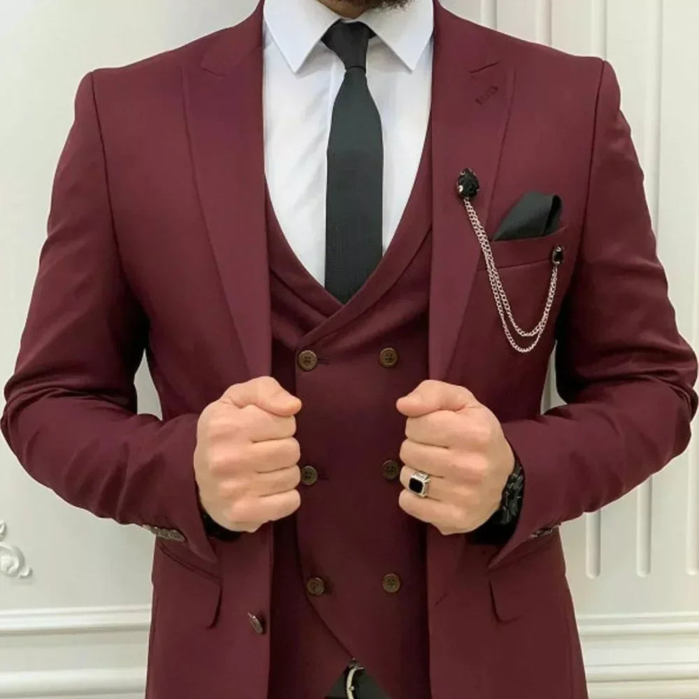 Mens Burgundy 3 Piece Suit for Formal Weddings