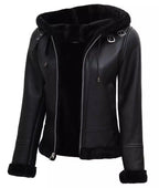 Womens Black Hooded Real Shearling Leather Jacket