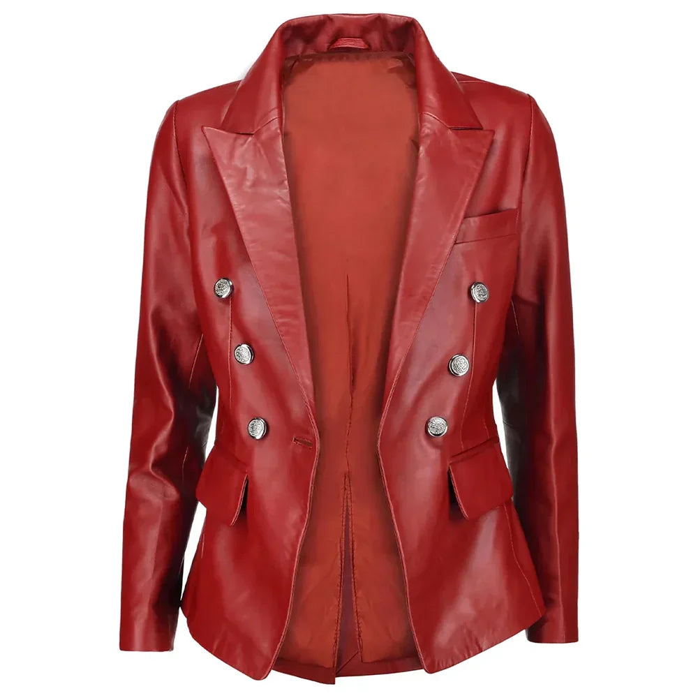 Double Breasted Red Leather Blazer Ladies Choice