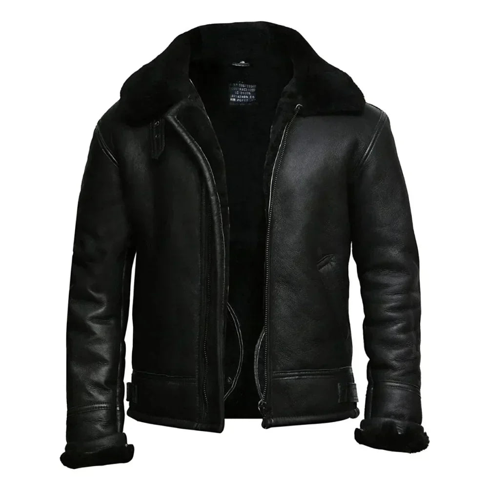 Men’s Sheepskin Fur Shearling Black Leather Jacket