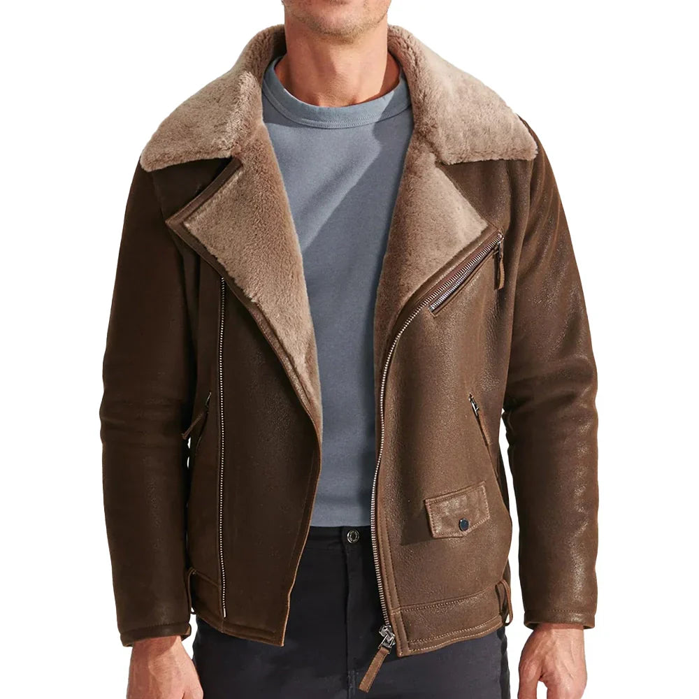 Mens Vintage Brown Shearling Leather Jacket