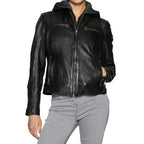 Womens Black Cafe Racer Jacket With Removable Hood