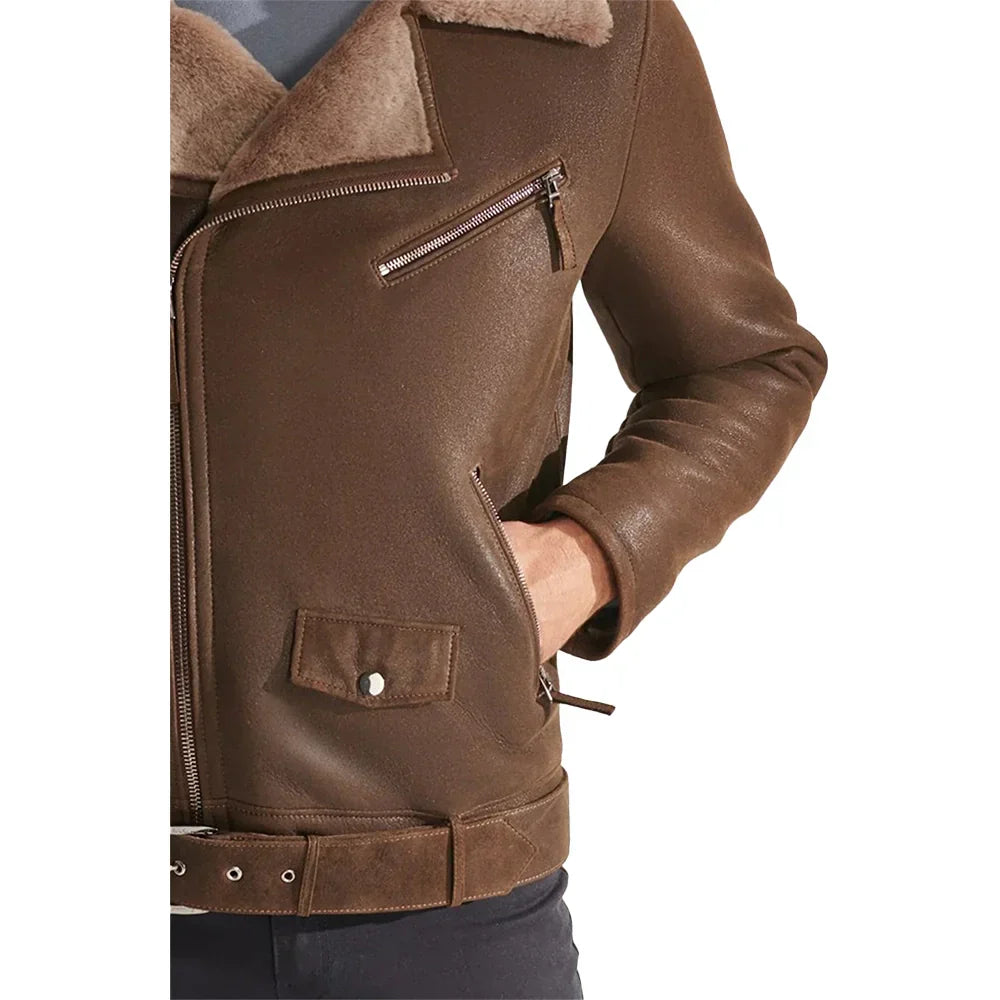 Mens Vintage Brown Shearling Leather Jacket