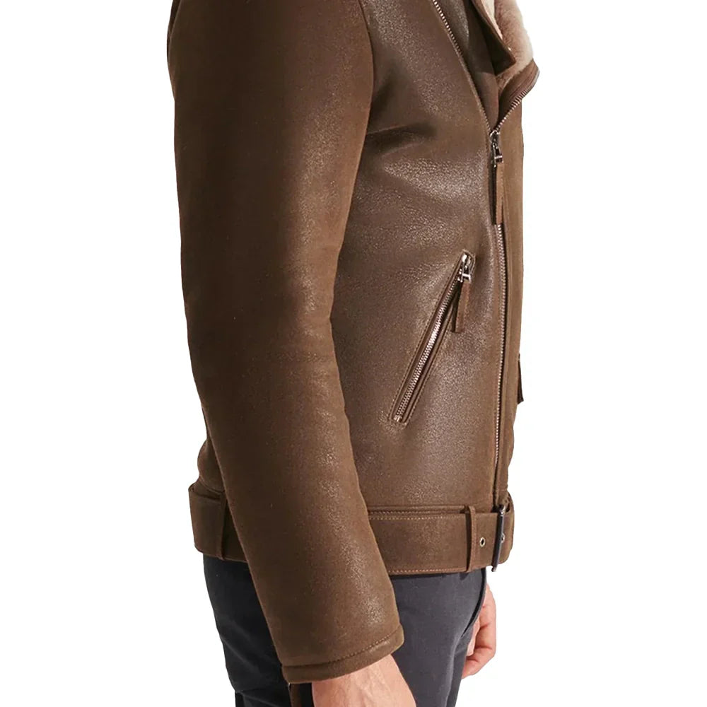 Mens Vintage Brown Shearling Leather Jacket
